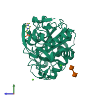 PDB entry 3dyb coloured by chain, side view.