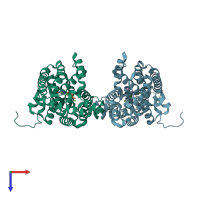 PDB entry 3dyn coloured by chain, top view.