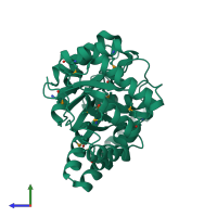 PDB entry 3dz1 coloured by chain, side view.