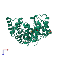 PDB entry 3dz1 coloured by chain, top view.