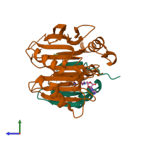 PDB entry 3dz5 coloured by chain, side view.