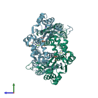 PDB entry 3dzd coloured by chain, side view.