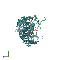 PDB entry 3dzh coloured by chain, side view.