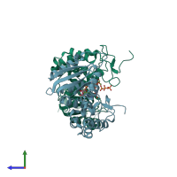 PDB entry 3dzi coloured by chain, side view.