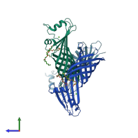 PDB entry 3dzm coloured by chain, side view.