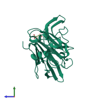 Monomeric assembly 1 of PDB entry 3dzp coloured by chemically distinct molecules, side view.
