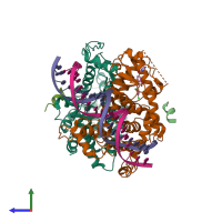 PDB entry 3dzu coloured by chain, side view.