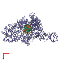 Hetero trimeric assembly 2 of PDB entry 3e0d coloured by chemically distinct molecules, top view.
