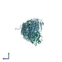 PDB entry 3e18 coloured by chain, side view.