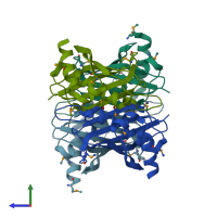 PDB entry 3e29 coloured by chain, side view.