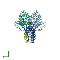PDB entry 3e2j coloured by chain, side view.