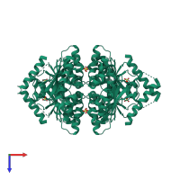 Homo tetrameric assembly 1 of PDB entry 3e2w coloured by chemically distinct molecules, top view.
