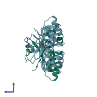 PDB entry 3e31 coloured by chain, side view.