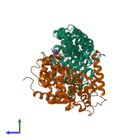 PDB entry 3e37 coloured by chain, side view.