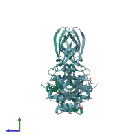 PDB entry 3e38 coloured by chain, side view.