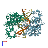 PDB entry 3e42 coloured by chain, top view.