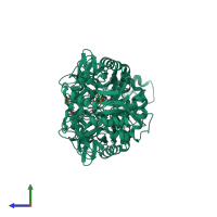 Homo dimeric assembly 1 of PDB entry 3e5p coloured by chemically distinct molecules, side view.