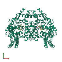 Homo dimeric assembly 1 of PDB entry 3e6n coloured by chemically distinct molecules, front view.