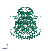 Homo dimeric assembly 1 of PDB entry 3e6n coloured by chemically distinct molecules, side view.