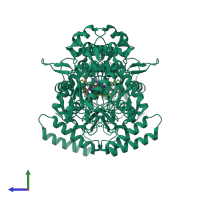 Homo dimeric assembly 2 of PDB entry 3e6n coloured by chemically distinct molecules, side view.