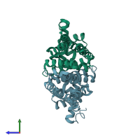 PDB entry 3e7q coloured by chain, side view.