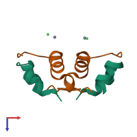 Hetero tetrameric assembly 8 of PDB entry 3e7z coloured by chemically distinct molecules, top view.