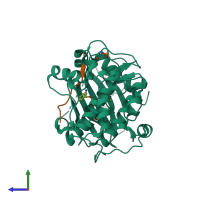 Hetero dimeric assembly 1 of PDB entry 3e8d coloured by chemically distinct molecules, side view.