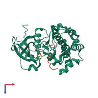 Hetero dimeric assembly 1 of PDB entry 3e8d coloured by chemically distinct molecules, top view.