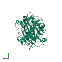 Hetero dimeric assembly 2 of PDB entry 3e8d coloured by chemically distinct molecules, side view.