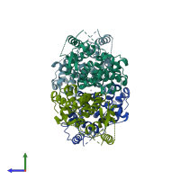 PDB entry 3eap coloured by chain, side view.