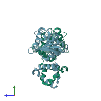 PDB entry 3eaq coloured by chain, side view.