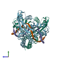 PDB entry 3ebc coloured by chain, side view.