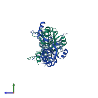 PDB entry 3ebe coloured by chain, side view.