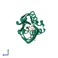 PDB entry 3ebt coloured by chain, side view.