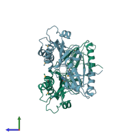 PDB entry 3ec3 coloured by chain, side view.