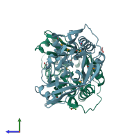 PDB entry 3ec4 coloured by chain, side view.