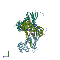 PDB entry 3eee coloured by chain, side view.
