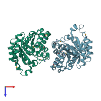 PDB entry 3eeg coloured by chain, top view.