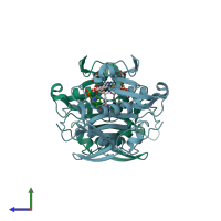 PDB entry 3eek coloured by chain, side view.