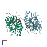 PDB entry 3eek coloured by chain, top view.