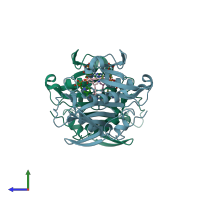 PDB entry 3eel coloured by chain, side view.