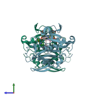 PDB entry 3eem coloured by chain, side view.