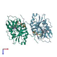 PDB entry 3eem coloured by chain, top view.
