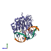 PDB entry 3eeo coloured by chain, side view.