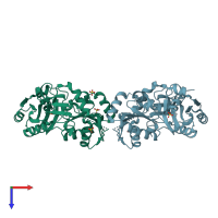 PDB entry 3eeq coloured by chain, top view.