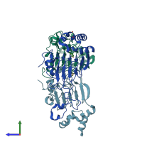PDB entry 3eev coloured by chain, side view.