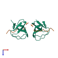 Hetero tetrameric assembly 1 of PDB entry 3eg1 coloured by chemically distinct molecules, top view.