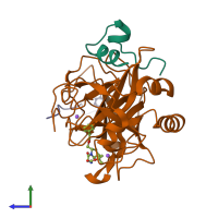PDB entry 3egk coloured by chain, side view.