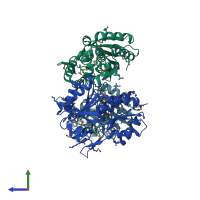 PDB entry 3egl coloured by chain, side view.