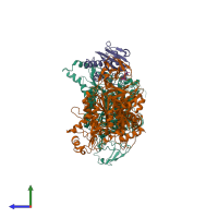 PDB entry 3egx coloured by chain, side view.